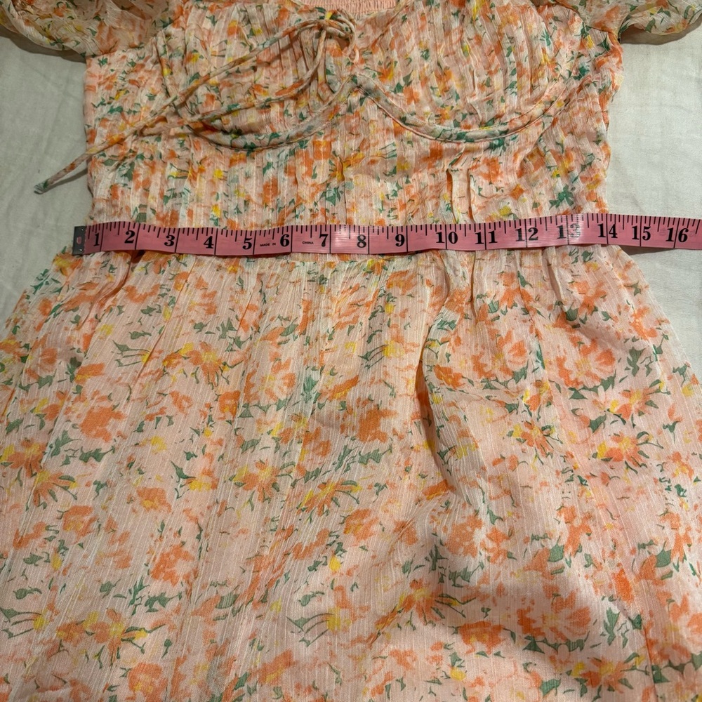 ASTR The Label Lunaria Pleated Midi Dress Orange Green Floral Chiffon Size M - Picture 6 of 15